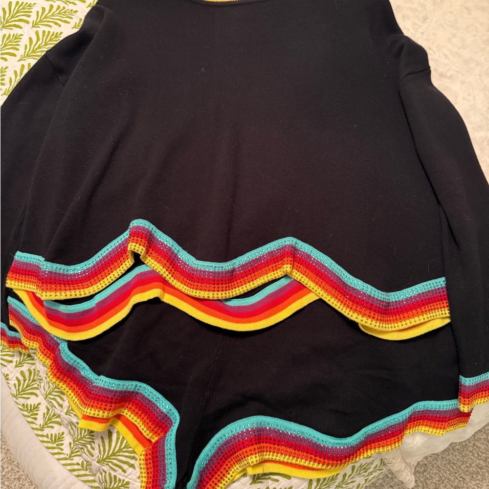 QUEEN OF SPARKLES Black Top with Colorful Zigzag Trim